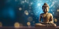 Buddha in a lotus position small statue in dark religious thoughtful environment with bokeh, neural network generated