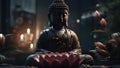 Buddha in a lotus position small statue in dark religious thoughtful environment, neural network generated image