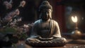 Buddha in a lotus position small statue in dark religious thoughtful environment, neural network generated image