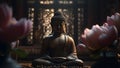 Buddha in a lotus position small statue in dark religious thoughtful environment, neural network generated image