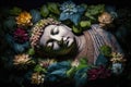 Buddha lying down, surrounded by flowers