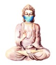 Buddha in medical mask. Watercolor illustration for covid, corona virus design