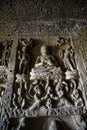 Buddha meditating carved on the wall of Aurangabad Cave