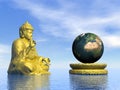 Buddha meditating for earth safety - 3D render Royalty Free Stock Photo