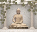 Buddha meditating Sculpture beautiful leaves and pillars rendering, 3D illustration wallpaper, wall poster.