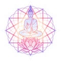 Buddha meditating in the single lotus position. Hexagram representing anahata chakra in yoga on a background.