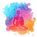 Buddha meditating in the single lotus position. linear drawing Isolated on a bright textured watercolor spot with an