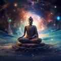 Buddha meditating in space - galaxies, stars, space dust, cosmic lights and planets