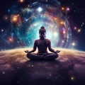 Buddha meditating in space - galaxies, stars, space dust, cosmic lights and planets