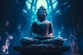 Buddha meditation statue blue neon illumination. Generate ai