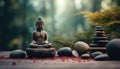 a buddha in meditation with a stone sitting in the background