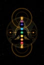 Buddha over gold Sacred Geometry with colorful chakras. Seven chakras, energy body and Yogi meditating in the lotus position