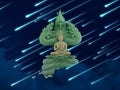 Buddha protected by hood of mythical king naga and meteor rain night sky