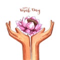 Buddha Purnima or Vesak card with hand holding lotus flower background