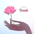 Buddha Purnima or Vesak card. Vector illustration with elegant dark hand holding lotus flower