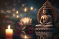 Buddha purnima Vesak day background, Buddha statue with Lotus flower and Candle light side on river. Generative ai Royalty Free Stock Photo