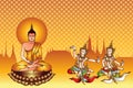 Buddha Siddhartha gautama on lotus and twin angel and temple