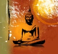Buddha silhouette in lotus position against colorful grunge background