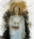 Buddha silhouette in lotus position and softly blurred watercolor background