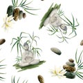 Buddha sitting in bamboo, lotus flower and balanced stones watercolor seamless pattern on white for fabrics and wrapping