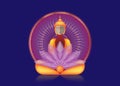 Buddha sitting in meditation over Golden Mandala, esoteric purple lotus vector illustration. Vintage sacred culture background