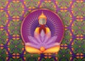 Buddha sitting in meditation over Golden Mandala, esoteric purple lotus vector illustration. Vintage sacred culture background