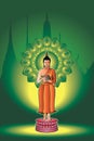 Buddha standing holding an alms bowl. Green background by color of the day Wednesday Buddha