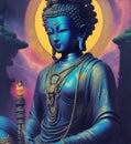 Buddha statue in Afro style. Decorative digital 2D painting. Color illustration for background. Royalty Free Stock Photo