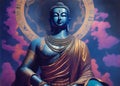 Buddha statue in Afro style. Decorative digital 2D painting. Color illustration for background.