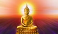 Buddha statue with aura on red background