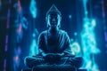 Buddha statue blue neon illumination. Generate ai