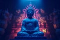 Buddha statue blue neon light. Generate ai
