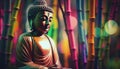 Buddha statue with blurred colorful bamboo background Royalty Free Stock Photo
