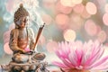 Buddha statue with burning incense sticks and a lighted candle next to a lotus flower, on bokeh background. Concept of meditation Royalty Free Stock Photo