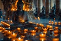 Buddha statue with candle offerings in a temple, ideal for Vesak Day and religious observance themes. Vesak Day greeting