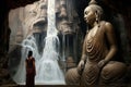 Buddha statue in a cave next to a woman and a waterfall Royalty Free Stock Photo