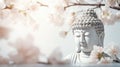 Buddha statue, delicate cherry blossoms in soft sunlight. Zen background