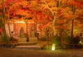 Buddha statue in Eikando Zenrinji Temple with red maple leaves or fall foliage in autumn season. Colorful trees, Kyoto, Japan. Royalty Free Stock Photo