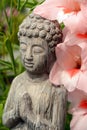 Buddha statue in a flowergarden with pink flowers