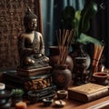 Buddha statue, incense sticks, and books on wooden table Royalty Free Stock Photo