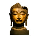 Isolated shot of golden statue of Buddha sitting in lotus pose with eyes shut Royalty Free Stock Photo