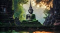 Buddha statue mediating with green nature background. Generative Ai