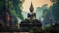 Buddha statue mediating with green nature background. Generative Ai