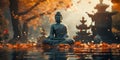 Buddha statue mediating with Lotuses and reflection. Generative Ai