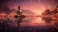 Buddha statue mediating with Lotuses and reflection. Generative Ai