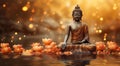 Buddha statue mediating with Lotuses and reflection. Generative Ai