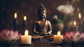 Buddha statue in meditation with lotus flower and burning candle. Meditation, spiritual health, searching zen concept. Generative