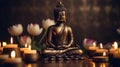 Buddha statue in meditation with lotus flower and burning candle. Meditation, spiritual health, searching zen concept. Generative