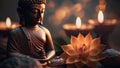 Buddha statue in meditation with lotus flower and burning candles. Meditation, spiritual health, peace, searching zen concept. AI