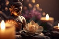 Buddha statue in meditation with lotus flower and burning candles. Meditation, spiritual health, peace, searching zen concept. AI